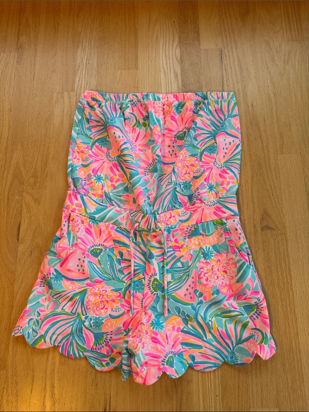Lilly Pulitzer Strapless Floral Scallop-Hem Romper in Pink & Teal
